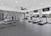 Thumbnail 13 of 38 - A gym with treadmills, weights, and a ceiling fan.