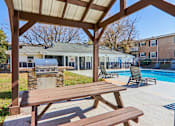 Thumbnail 23 of 27 - A wooden picnic table is in the foreground of a pool area.