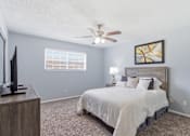 Thumbnail 11 of 31 - A bedroom with a bed, a television, and a ceiling fan.