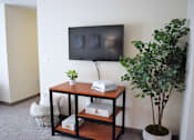 Thumbnail 34 of 38 - A black TV is mounted on a white wall above a black and brown table with a plant on it.