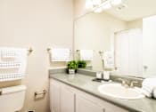 Thumbnail 10 of 22 - Bathroom featuring a toilet, sink, and mirror at Southwind Apartments in Richland, MS.
