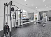 Thumbnail 14 of 38 - A gym with a variety of equipment including a leg press machine.