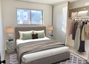 Thumbnail 8 of 16 - A bedroom with a large bed and a wardrobe.