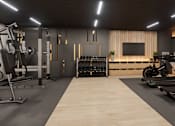 Thumbnail 26 of 29 - A modern gym with treadmills, weights, and a flat screen TV.