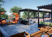 Thumbnail 25 of 29 - A patio with a pergola and chairs.