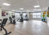 Thumbnail 10 of 20 - A gym with a variety of exercise equipment including treadmills, stationary bikes, and elliptical machines.