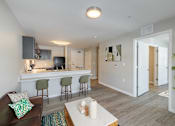 Thumbnail 5 of 19 - A modern kitchen with a bar area and a living room area.
