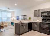 Thumbnail 12 of 16 - A modern kitchen with black appliances and a marble countertop at Sweetwater Point in Douglasville, GA