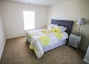 Thumbnail 6 of 19 - A bedroom with a bed, nightstand, and lamp.