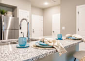 Thumbnail 39 of 94 - a kitchen with a sink and a counter with plates and napkins