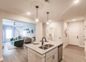 Thumbnail 23 of 57 - a kitchen with a sink and a counter top in a living room at swiftwater luxury apartments in port charlotte, fl