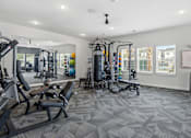 Thumbnail 48 of 51 - A gym with a variety of equipment including a bench press, a squat rack, and a leg press machine.