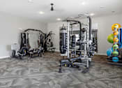 Thumbnail 47 of 51 - A spacious gym with a variety of equipment including a treadmill, a stationary bike, a rowing machine, a bench press, a squat rack, a cable machine, a leg press, a dum