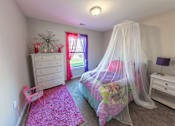 Thumbnail 15 of 43 - A bedroom with a canopy bed and a pink rug.