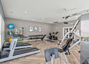 Thumbnail 18 of 34 - A well-equipped home gym with treadmills, exercise balls, and weight machines.