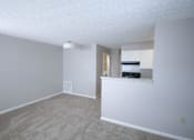 Thumbnail 11 of 13 - an empty living room and kitchen with white walls and carpet at Frankfort Place apartments in Frankfort, Indiana