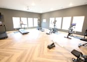 Thumbnail 15 of 20 - A gym with a variety of exercise equipment including treadmills, stationary bikes, and weight machines.