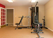 Thumbnail 14 of 24 - A home gym with a variety of equipment including a squat rack, a leg press machine, and a bench press.