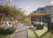 Thumbnail 42 of 57 - Rendering of Swiftwater apartments courtyard with a pergola and tables and chairs