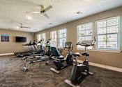 Thumbnail 62 of 83 - A gym with treadmills, exercise bikes, and a television.