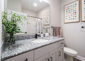 Thumbnail 40 of 83 - A bathroom with a white toilet and a mirror above the sink.