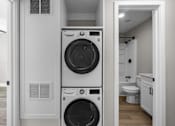 Thumbnail 26 of 64 - a small laundry room with a washing machine and a dryer at Ocean Breeze Terrace Apartment, Huntington Beach, California