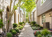 Thumbnail 45 of 52 - A pathway leads through a row of houses with trees on either side.