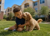 Thumbnail 16 of 16 - A boy is hugging a small dog on a grassy lawn.