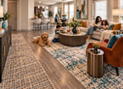 Thumbnail 88 of 128 - A family is sitting on a couch in a living room with a dog lying on the floor.