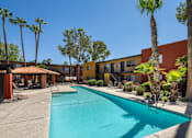 Thumbnail 2 of 17 - A swimming pool surrounded by palm trees and buildings.