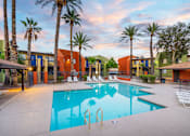 Thumbnail 1 of 17 - A swimming pool surrounded by palm trees and lounge chairs.