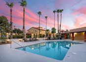 Thumbnail 4 of 13 - A swimming pool surrounded by palm trees and a building in the background.