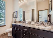 Thumbnail 6 of 26 - A bathroom with a granite countertop and a large mirror.