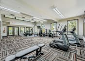 Thumbnail 35 of 37 - A gym with a variety of equipment including treadmills, exercise bikes, and weights.