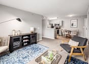 Thumbnail 5 of 28 - A living room with a black and white color scheme and a blue rug.