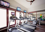 Thumbnail 18 of 24 - A gym with treadmills and exercise bikes.