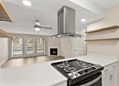 Thumbnail 1 of 24 - A modern kitchen with a stove top oven and a range hood.