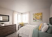 Thumbnail 16 of 23 - A bedroom with a bed, nightstand, and a painting on the wall.