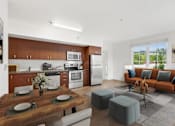 Thumbnail 1 of 32 - A modern kitchen with a dining table set for two.