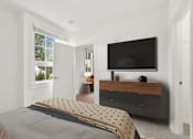 Thumbnail 4 of 32 - A bedroom with a bed, a dresser, and a television.