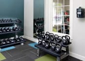 Thumbnail 23 of 31 - A gym with kettlebells on the racks.