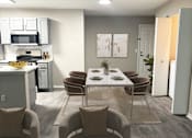 Thumbnail 18 of 40 - A modern kitchen with a dining table and chairs.