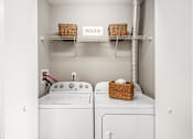 Thumbnail 12 of 28 - A laundry room with a washer and dryer and a basket on top of the dryer.