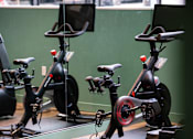 Thumbnail 4 of 40 - a row of exercise bikes in a room with a green wall at Brookland Apartments, Portland, 97202