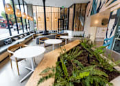Thumbnail 11 of 40 - A modern cafe with wooden tables and chairs and a green plant in the middle at Brookland Apartments, Portland, OR 97202