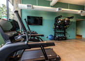 Thumbnail 12 of 40 - a gym with cardio equipment and a tv in the corner at Brookland Apartments, Portland, OR