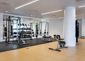 Thumbnail 7 of 78 - A gym with a variety of equipment including weights and cardio machines.