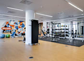 Thumbnail 4 of 78 - A gym with a variety of equipment including a squat rack, a bench, and a weight machine.