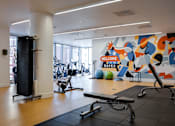 Thumbnail 5 of 78 - A gym with a large mural on the wall and various exercise equipment.