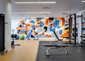 Thumbnail 9 of 78 - A gym with a large mural on the wall and various exercise equipment.